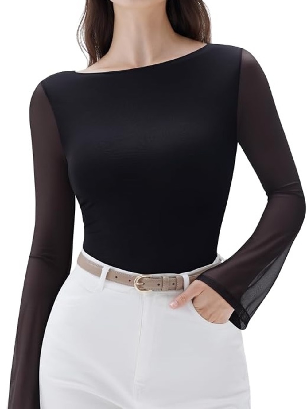 Women's Black Sheer Sleeve Boatneck Blouse